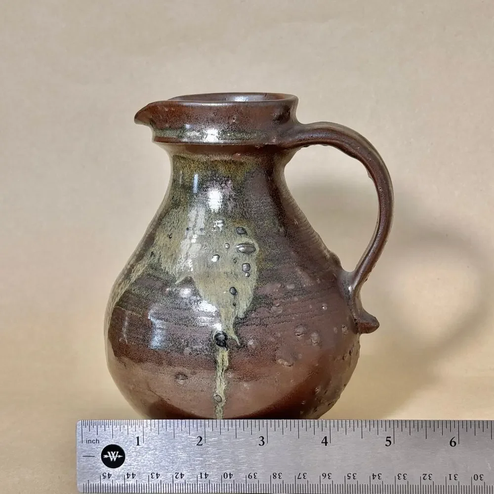 Vintage Japanese Onta Ware Handled Pottery Vase Brown Green Rustic Decor 6 in